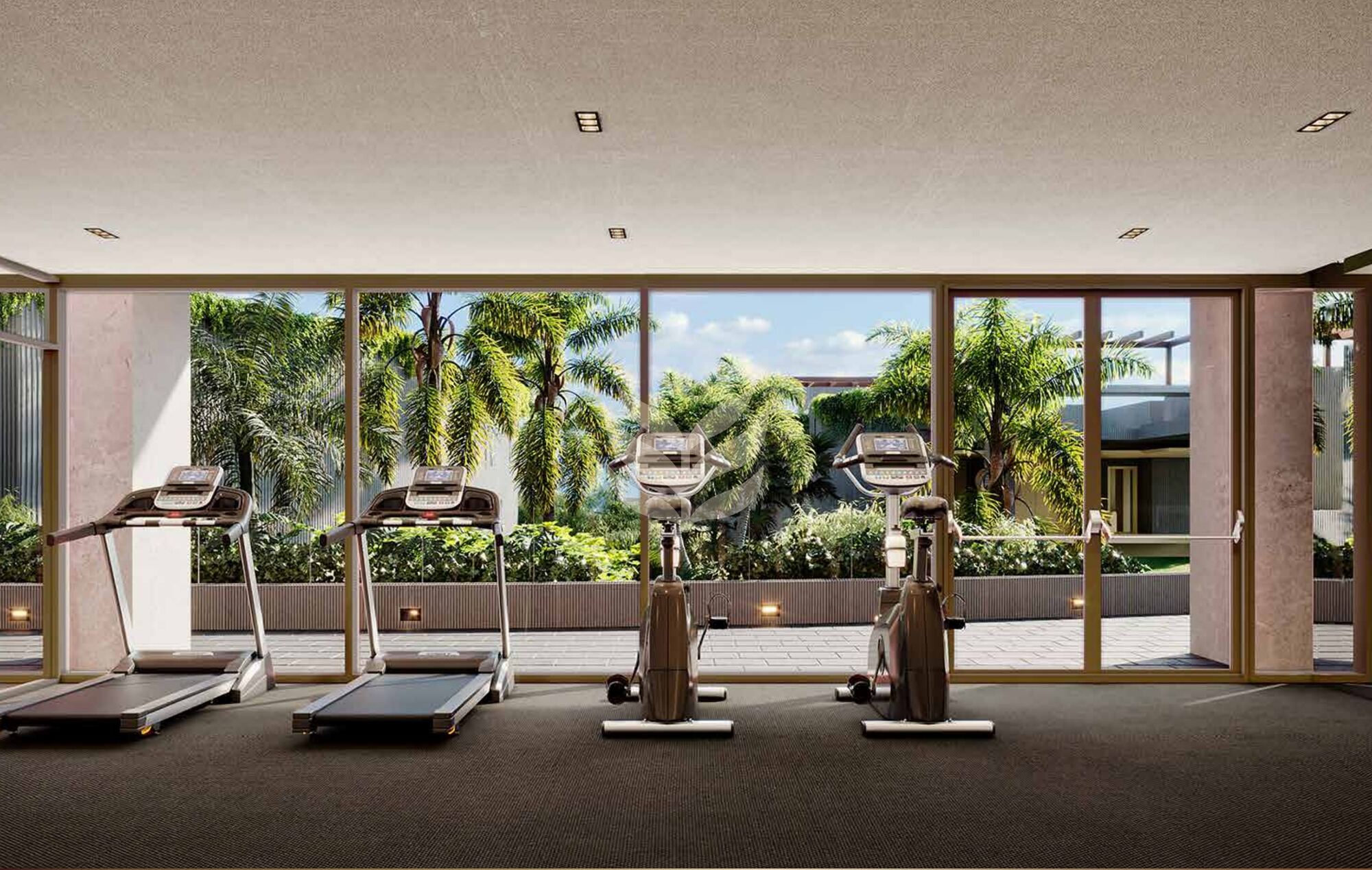 Gym with views of the gardens