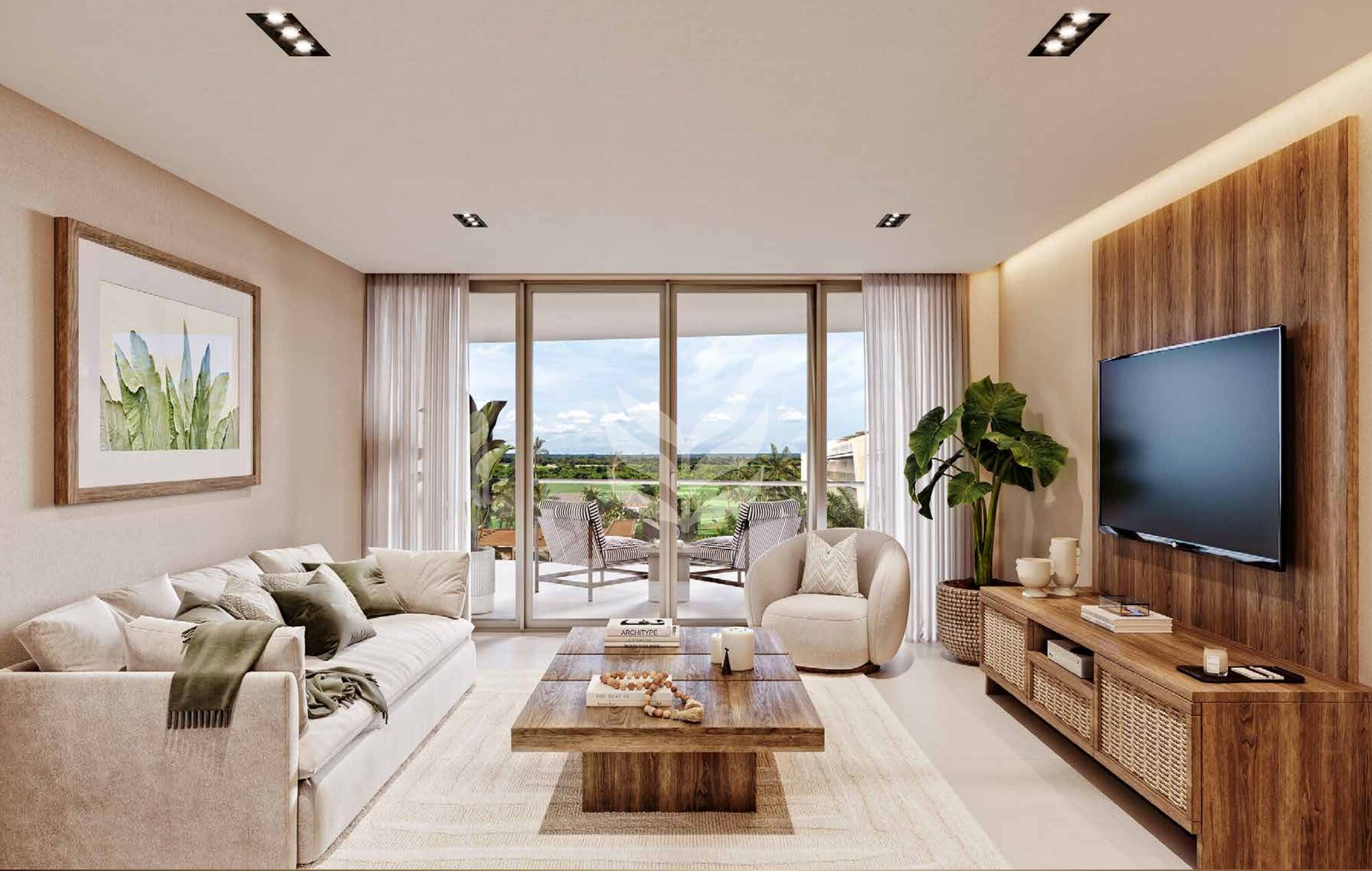 Living room of an Andara apartment with doors to the terrace