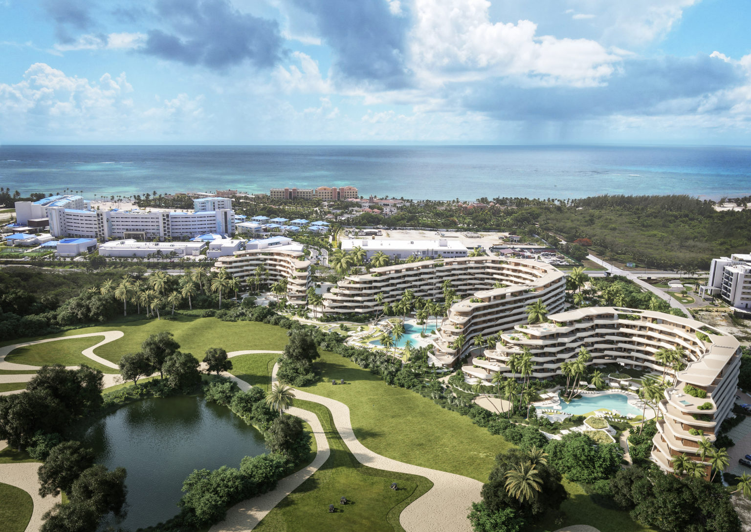 Résidences aux lignes courbes de Wave Garden, piscines et jardins au bord du golf à Cap Cana